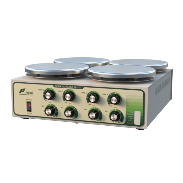 Termoagitador FE-316, cuatro platos de aluminio, 1,500 rpm, hasta 400°C